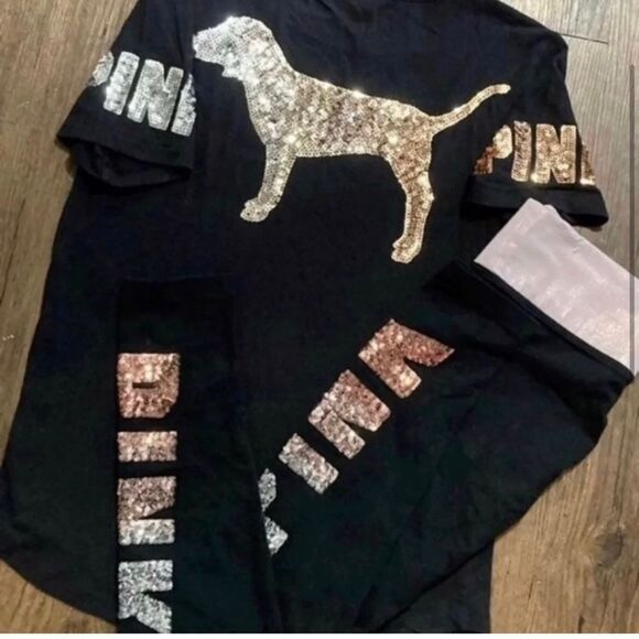 VS PINK OMBRÉ BLING TSHIRT/ YOGA LEGGINGS OUTFIT SET S - Picture 3 of 12